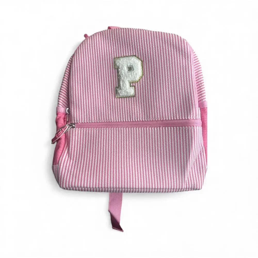 Pink Seersucker Kids Backpack with Initial Letter | Toddler Preschool Girl Bag